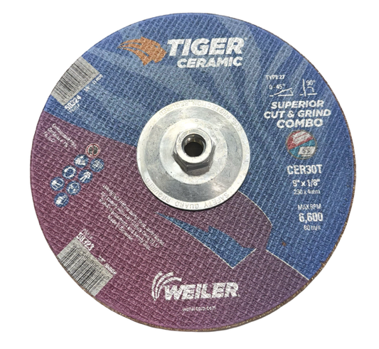 Weiler 9" x 1/8" x 5/8-11 Tiger Ceramic Cut & Grind Combo Wheel