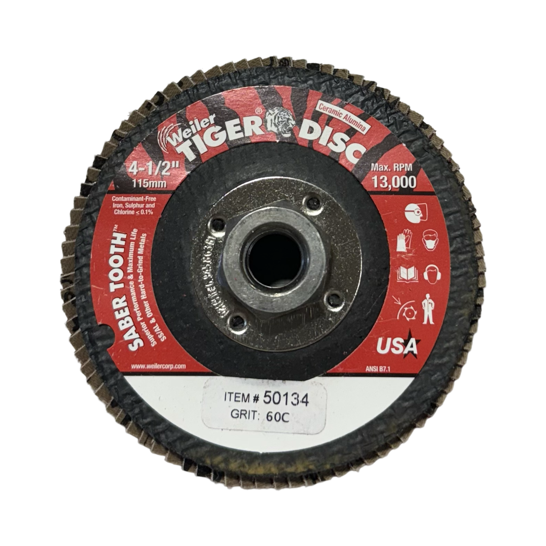 Weiler Saber Tooth 4-1/2" x 5/8-11 Abrasive Flap Disc 60 Grit Ceramic 10pk USA