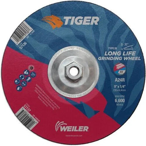 Weiler Tiger Grinding Wheel 9" x 1/4" x 5/8-11 Type 28 Aluminum Oxide A24R