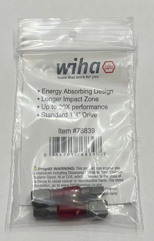 Wiha #2 Square x 29mm Terminator Impact Screwdriver Bits 1/4" Hex Drive 2 Pack