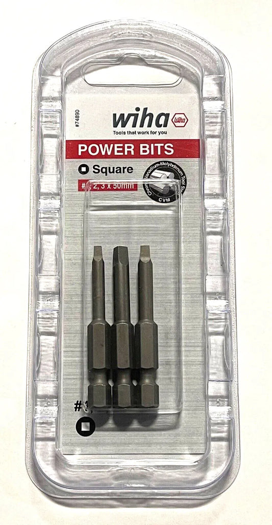 Wiha 3 Piece Square Power Bit Set #1 #2 #3 x 50mm 1/4" Quick Change Hex Drive