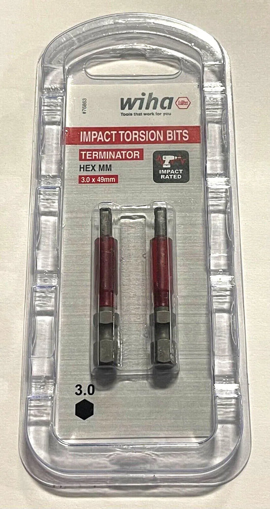 Wiha 3mm x 49mm Terminator Hex Impact Torsion Bits 1/4" Hex Drive 2 Pack