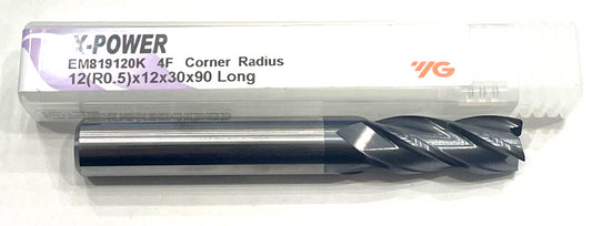 YG 12mm Carbide End Mill 4FL Long Length X-POWER 0.5mm Radius AlTiN Coating