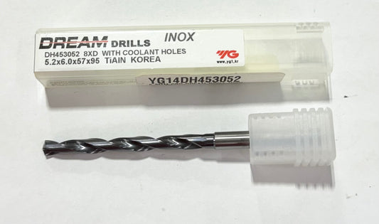 YG 5.2mm Solid Carbide Drill 8xD Coolant Thru TiAlN Coated 140° 2 Flute