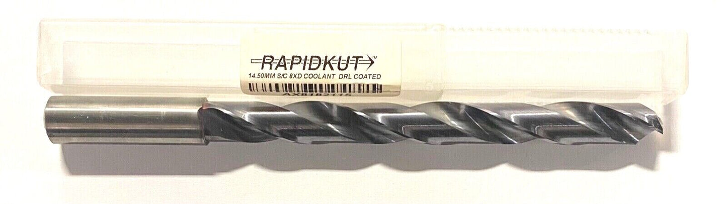 Rapidkut 14.5mm Solid Carbide Drill TiAlN Coolant Thru 8xD 140° 2 Flute USA Made