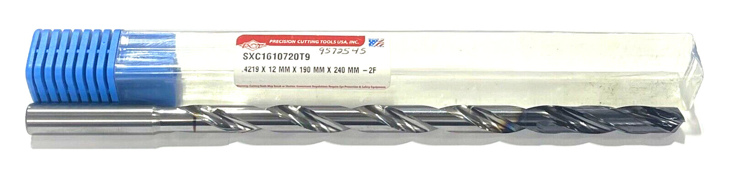 PCT 10.72mm Solid Carbide Drill 16xD TiAlCN Tipped 135° Point Coolant Thru 2FL