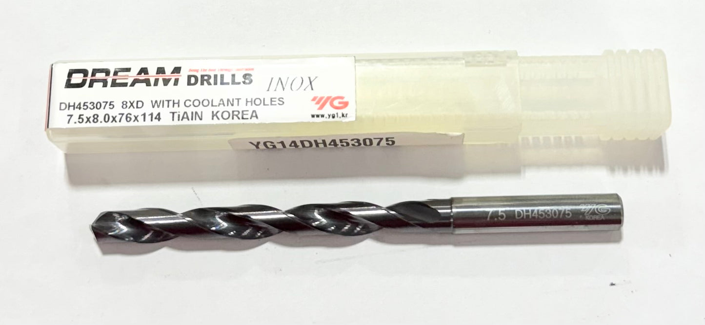 YG 7.5mm Solid Carbide Drill 8xD Coolant Thru TiAlN Coated 140° 2 Flute