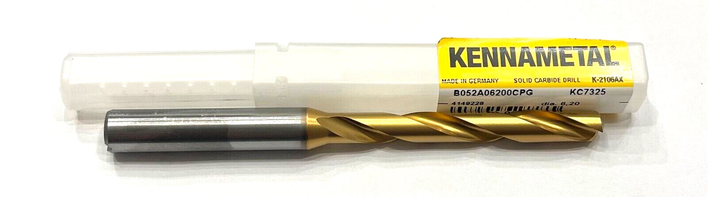 Kennametal 6.2mm Solid Carbide Drill 5xD Tin Coating Coolant Thru 2FL 140° Point