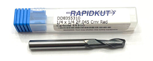 RapidKut 1/4" Carbide End Mill AlTiN Coating .045" Radius 2 Flute USA Made