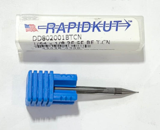 RapidKut 1/64" Carbide Ball Nose End Mill 2 Flute TiCN Coated 1/8" Shank