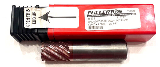 Fullerton 1" Carbide End Mill 9 Flute .060" Corner Radius FC20 Coating USA Made