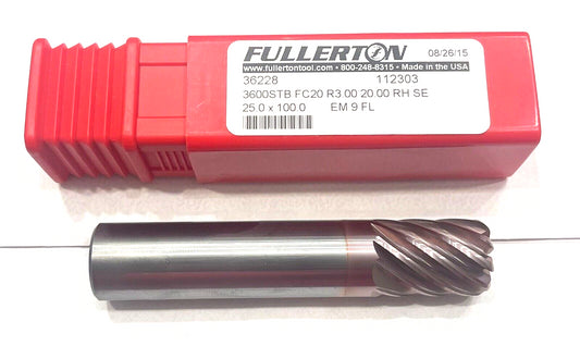 Fullerton 20mm Carbide End Mill 9 Flute 3mm Corner Radius FC20 Coating USA Made