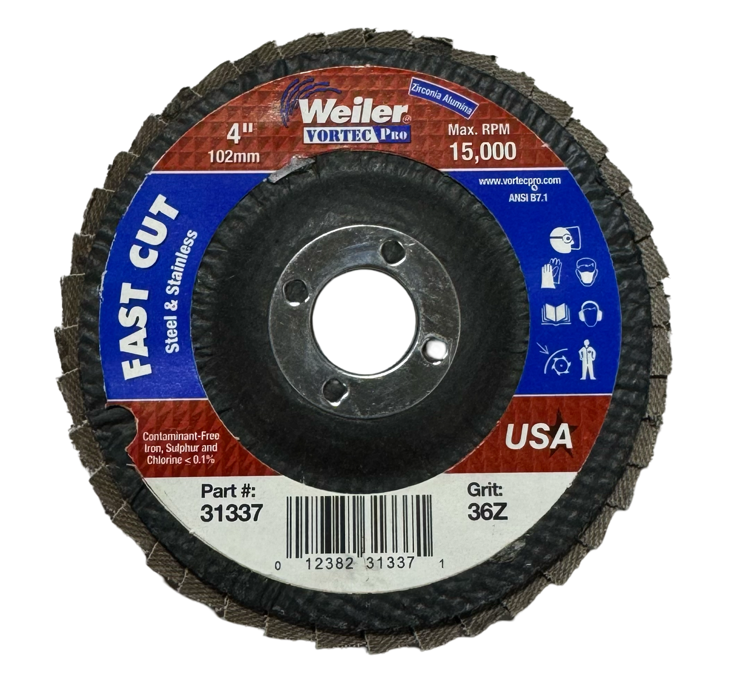 Weiler Vortec Pro 4" x 5/8" Flap Disc Angled Phenolic Backing 36Z 10 Pack