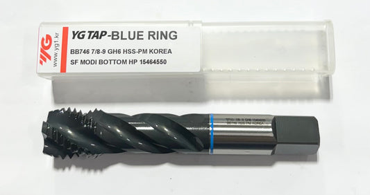 YG 7/8"-9 HSS-PM Spiral Flute Tap GH6 4FL Blue Ring Modified Bottoming