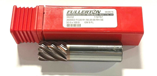 Fullerton 25mm Carbide End Mill FC20 Coating 9 Flute 1.5mm Corner Radius USA