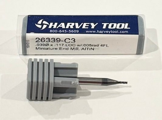 Harvey Tool .039" Carbide Miniature End Mill 4 Flute AlTiN .005" Radius