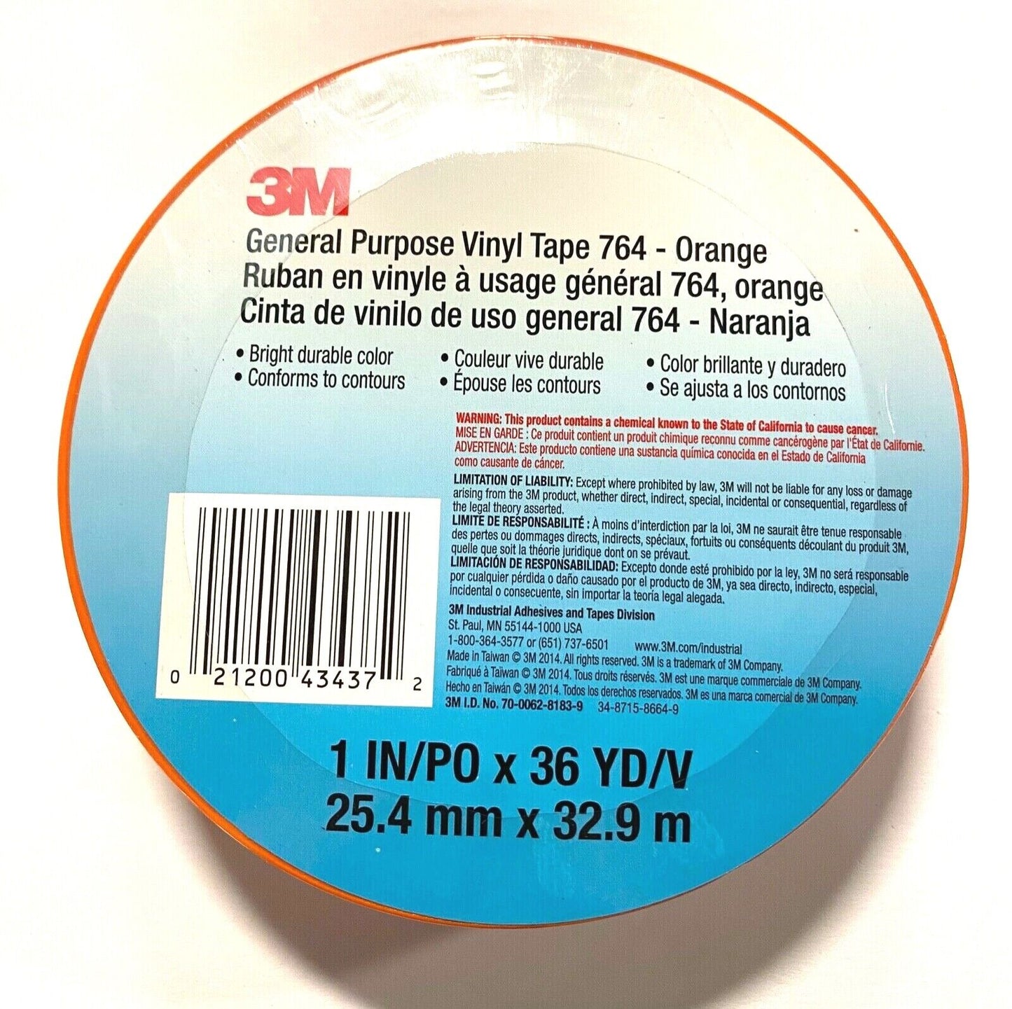 3M 764 General Purpose Vinyl Tape 1" x 36 yd Orange 43437