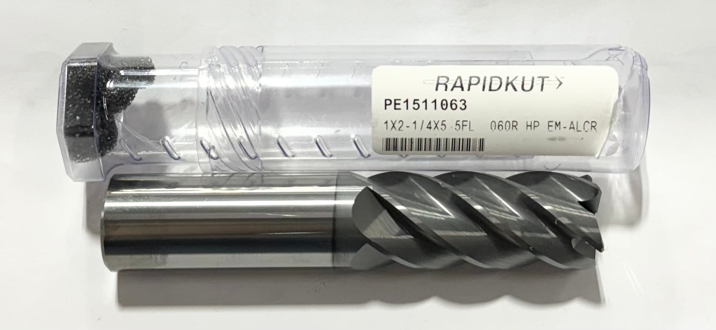 RapidKut 1" x 1" 2-1/4" x 5" Carbide End Mill 5 Flute AlCrN .060" Radius HP