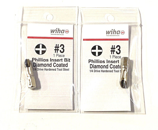 Wiha #3 Phillips Insert Bit Diamond Coated 1/4" Hex Drive 2 Pack Made In Germany