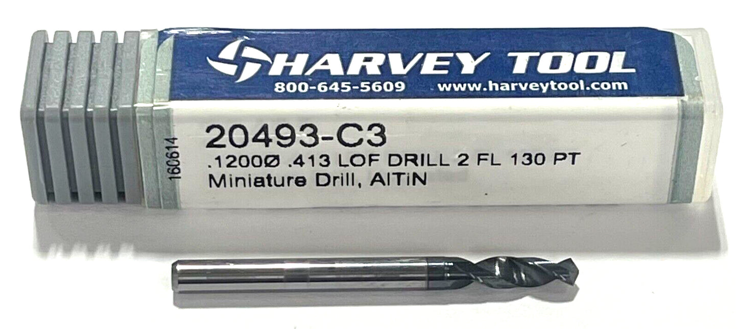 Harvey Tool 0.12" Solid Carbide Miniature Drill AlTiN Coating 2 Flute 130° Point