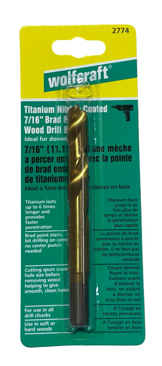 Wolfcraft 7/16" Brad Point Wood Drill Bit Titanium Nitride Coated