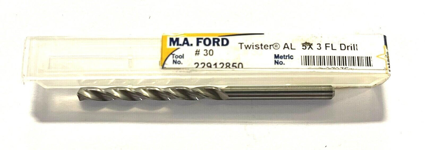 M.A. Ford #30 Solid Carbide Drill 5xD 150Â° Point Angle 3 Flute USA Made