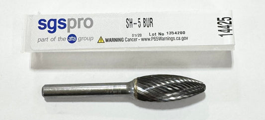 SGS Pro 1/2" Carbide Burr SH-5 Single Cut Flame 1/4" Shank USA Made 14425