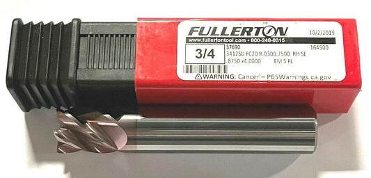 Fullerton 3/4" Carbide End Mill 5 Flute FC20 Coating Stub Length Radius .0300