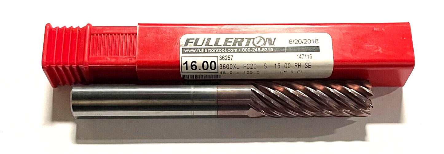 Fullerton 16mm Carbide End Mill 9 Flute FC20 Coating Variable Helix USA Made