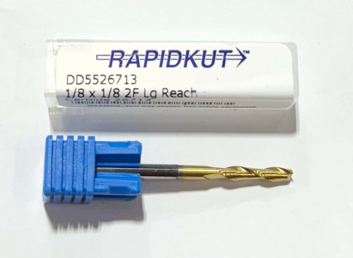 RapidKut 1/8" Carbide End Mill 2 Flute Long Reach Reduced Neck Tin Coated