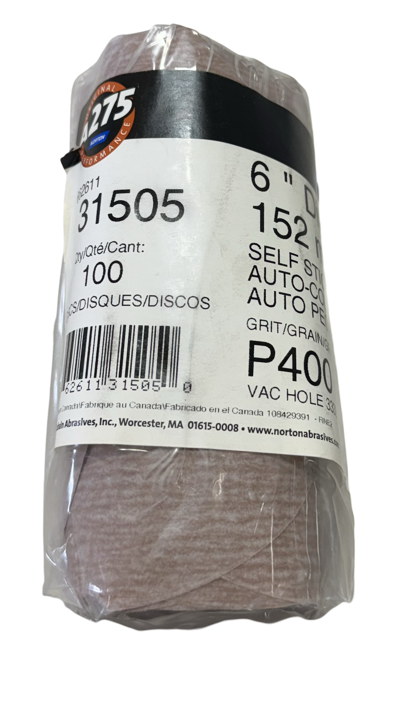 Norton A275 6" PSA Self-Stick Sanding Discs 6 Hole P400 Aluminum Oxide 100 Pack