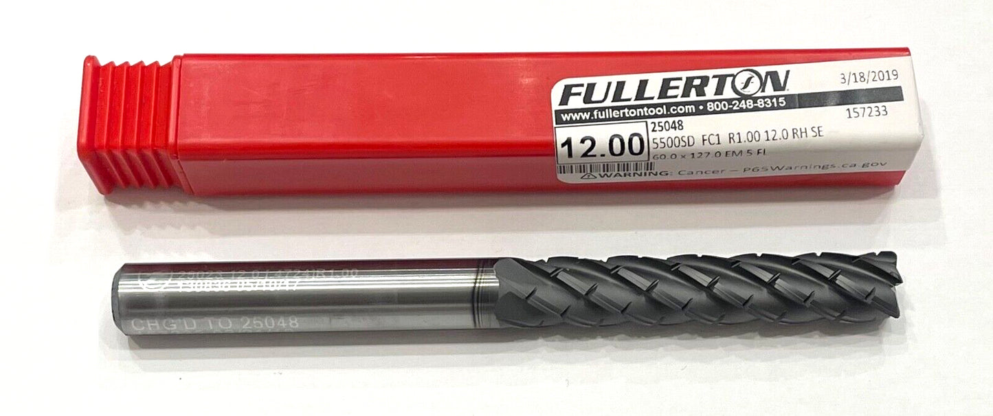 Fullerton 12mm Carbide End Mill Long Length 5FL 1mm Radius FC1 5500 Matrix USA