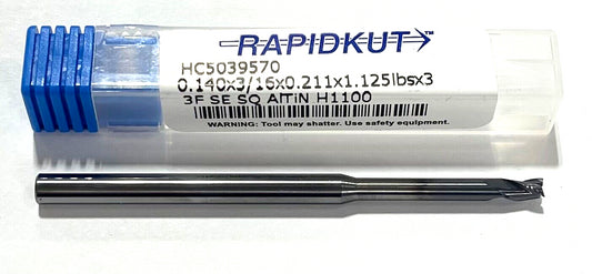 RapidKut .140" Carbide End Mill AlTiN Coating Extended Reach 3 Flute USA Made