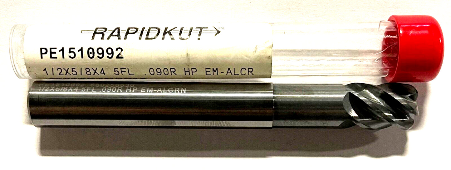 RapidKut 1/2" Carbide End Mill 5 Flute Necked AlCrN Coating .090 Radius USA Made