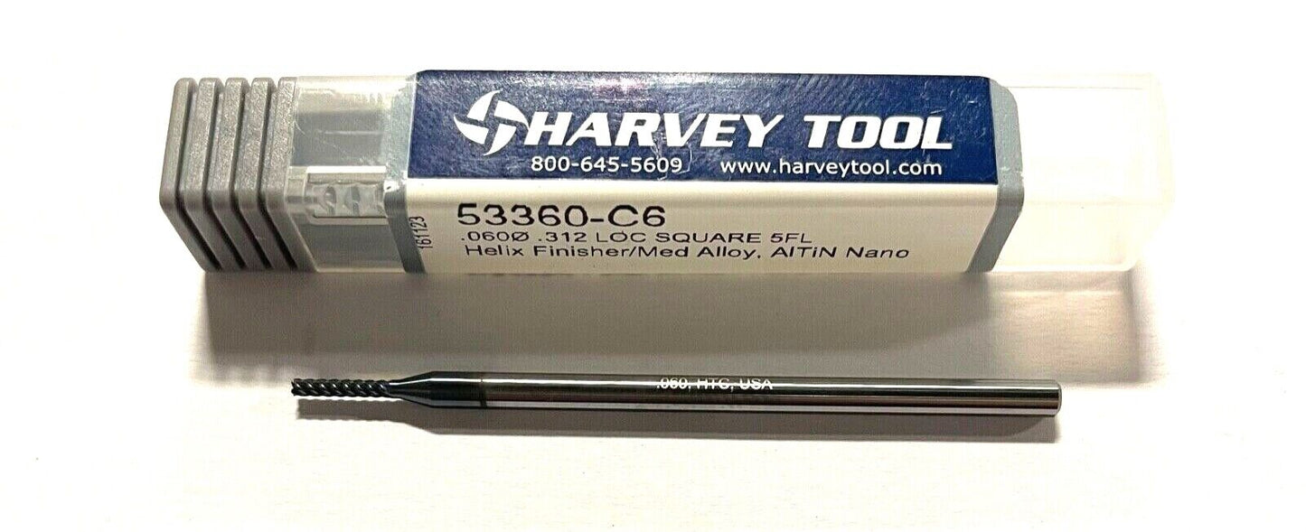 Harvey Tool .060 Carbide End Mill Finisher 5D AlTiN Nano Coating 5 Flute USA