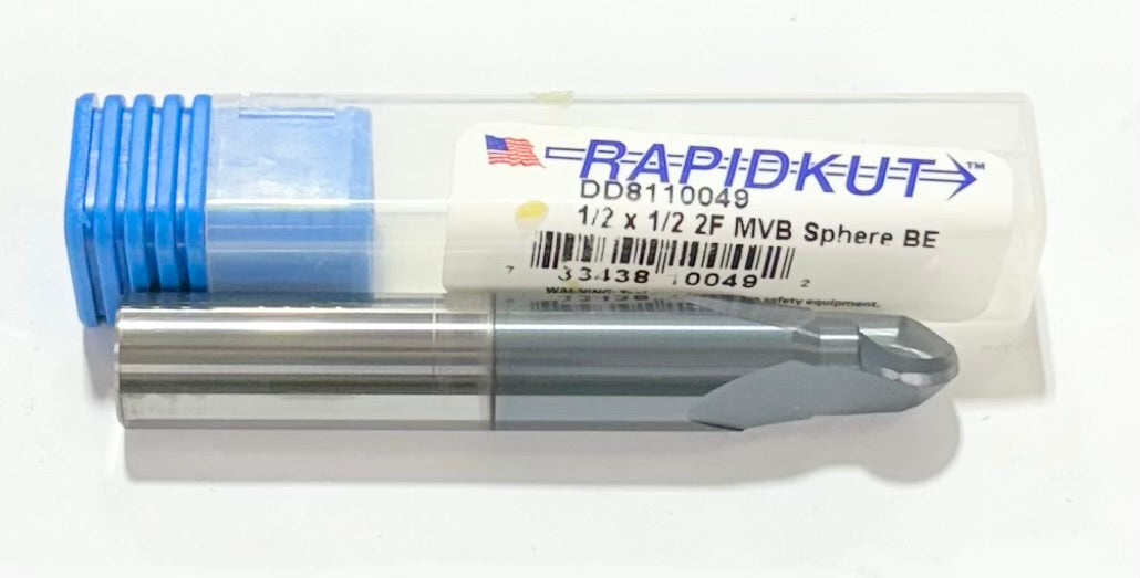 RapidKut 1/2" Carbide Spherical Ball End Mill 2 Flute nACO Coated 220 Degree