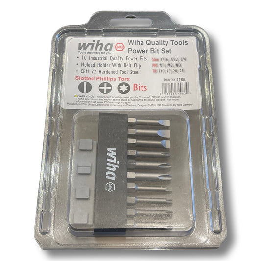 Wiha 10 Piece Power Bit Set 1/4" Hex Shank Slotted Phillips Torx Bits 74983