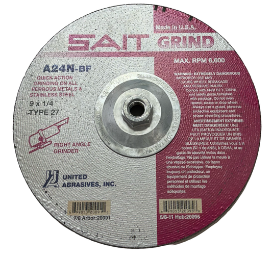 SAIT 9" x 1/4" X 5/8-11 Fast Grinding Wheel Type 27 A24N-BF