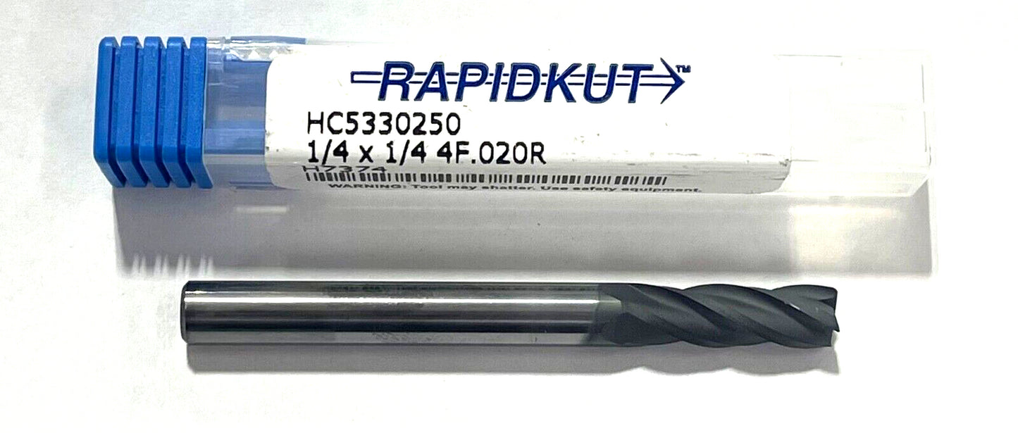 RapidKut 1/4" Carbide End Mill CVD Coating .020 Radius 4 Flute USA Made