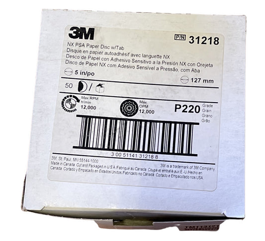 3M 5" NX PSA Paper Disc With Tab P220 Aluminum Oxide Very Fine Grade 50 Pack