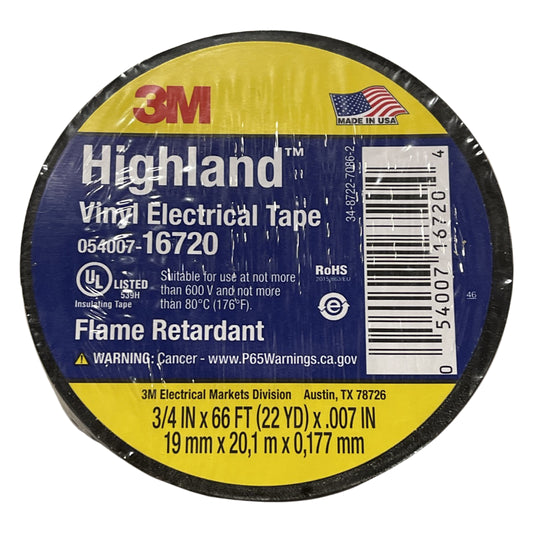 3M Highland Vinyl Electrical Tape 3/4" x 66ft (22yd) Flame Retardant USA Made