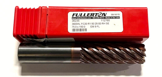 Fullerton 25mm Carbide End Mill Extra Long 9FL FC20 Coating 1.5mm Corner Radius