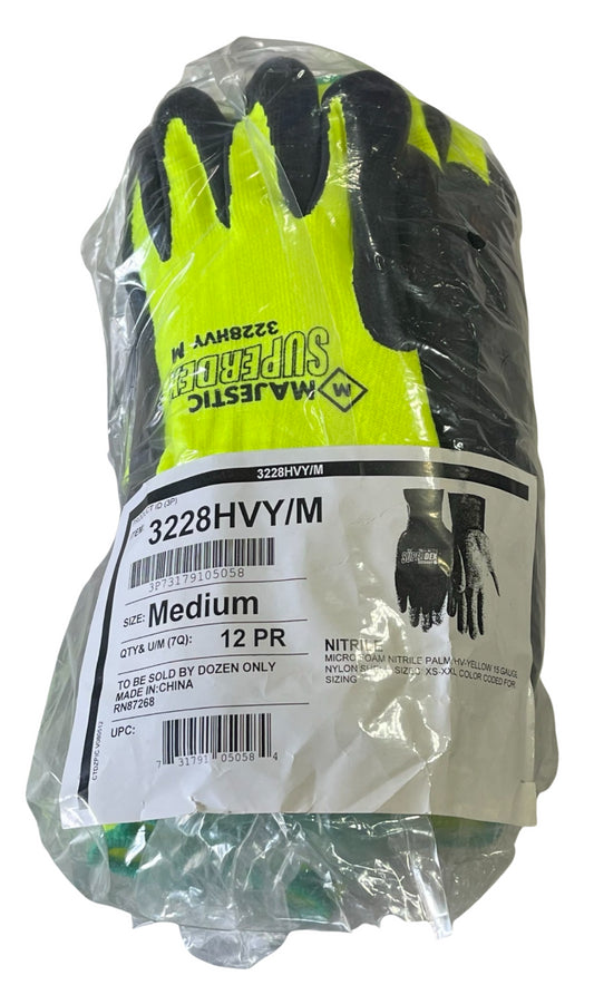 Majestic Full Dip Micro Foam Nitrile Palm Coated Gloves Hi-Vis Size M 1 Dozen