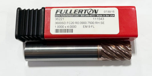 Fullerton 3/4" Carbide End Mill 9 Flute FC20 Coated .090" Corner Radius