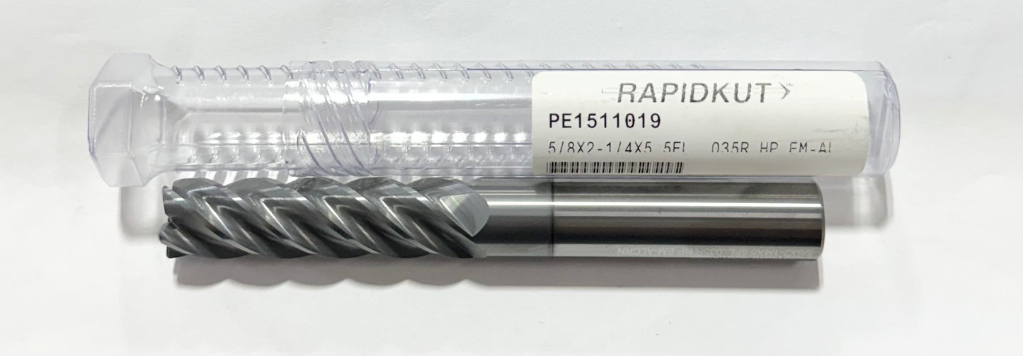 RapidKut 5/8" x 5/8" x 2-1/4" x 5" Carbide End Mill 5FL AlCrN .035" Radius