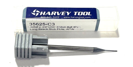 Harvey Tool 0.025" Carbide Ball Nose End Mill 12xD Long Reach AlTiN 3 Flute USA