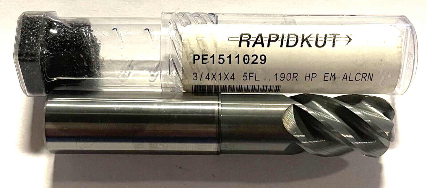 RapidKut 3/4" High Performance Carbide End Mill .190R AlCrN Coated 5FL Necked