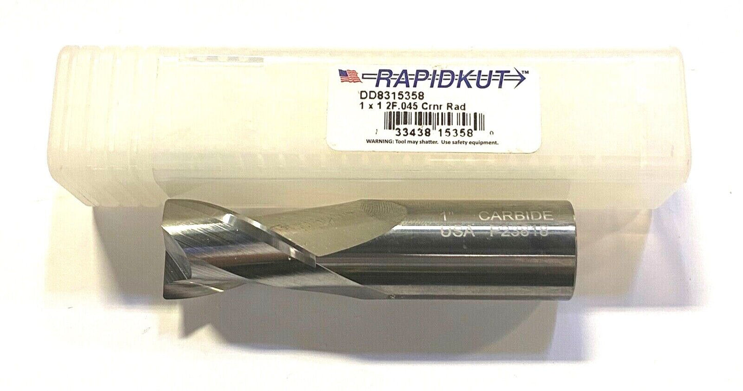 Rapidkut 1" Solid Carbide End Mill .045 Corner Radius 2 Flute USA Made