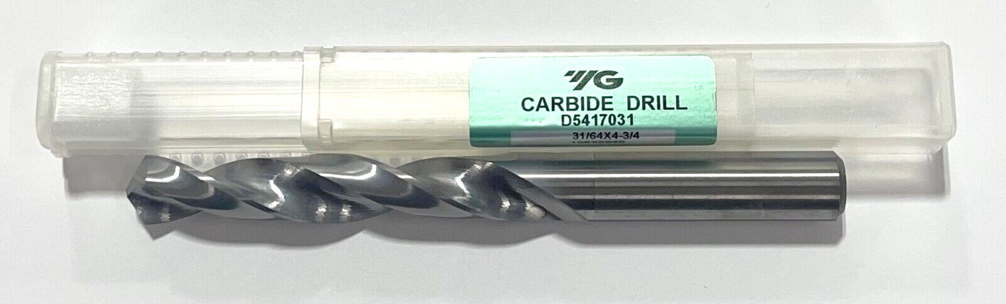 YG 31/64" Solid Carbide Drill 118° Jobber Length 2 Flute Drill Bit