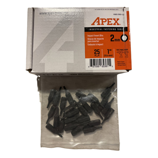 Apex 2mm Impact Insert Bit 1" Length 1/4" Hex Shank 25 Pack AMB1HM2-25